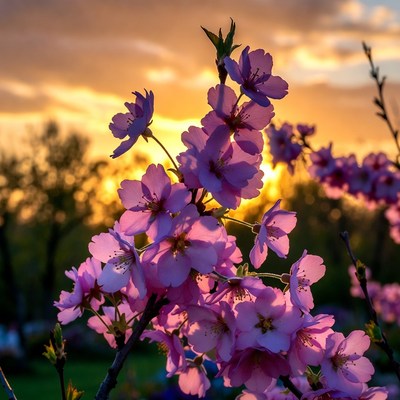 Pink Cherry Blossoms at Sunset