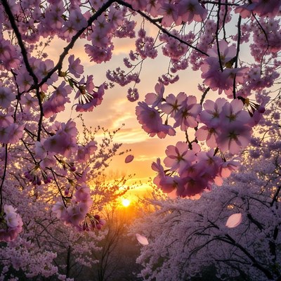 Cherry Blossoms Framing Sunset Sky