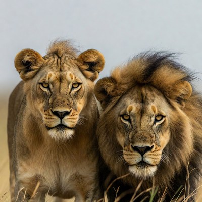 Two lions staring in grass