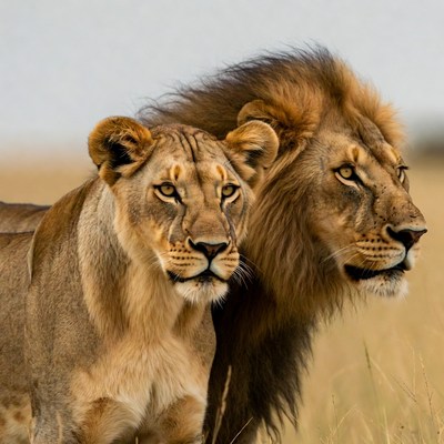 Lion and lioness in savanna grass
