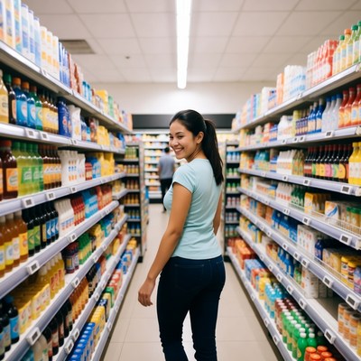 Asian woman shopping in supermarket aisle