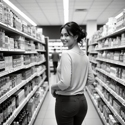 Smiling woman in grocery store aisle