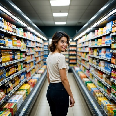 Asian woman in supermarket aisle