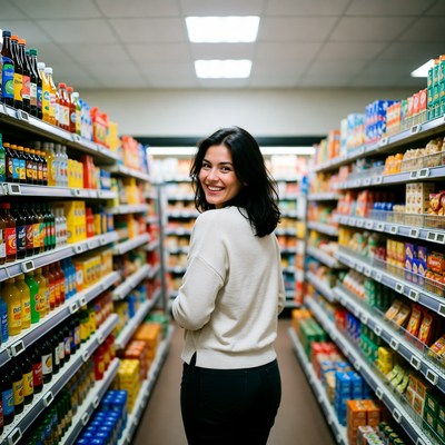 Smiling woman in supermarket aisle