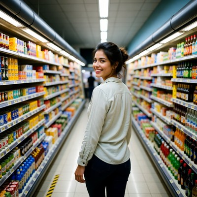 Indian woman in supermarket aisle