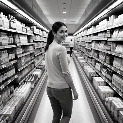 Woman walking in supermarket aisle