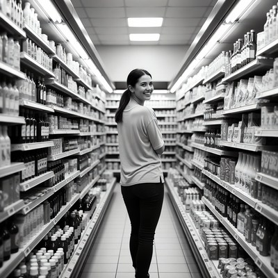 Smiling woman in supermarket aisle