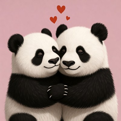 Two Cute Pandas Hugging with Hearts