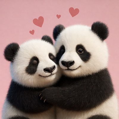 Two Cute Pandas Hugging with Hearts