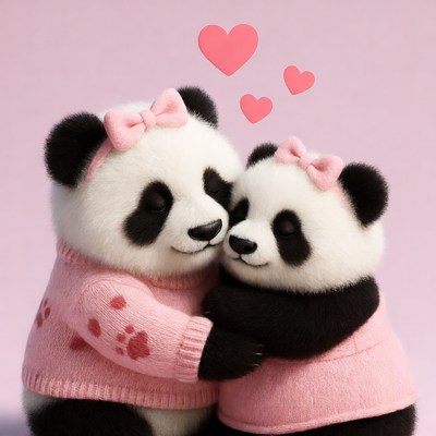 Cute pandas hugging with hearts