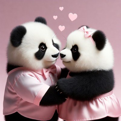 Cute pandas hugging with hearts