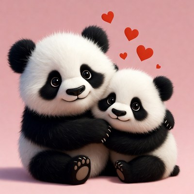 Cute baby pandas hugging with hearts