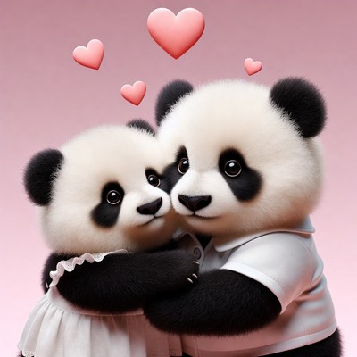 Cute pandas hugging with hearts