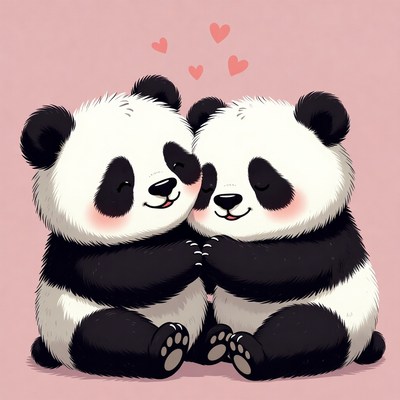 Cute pandas hugging with hearts