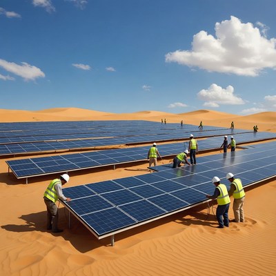 Workers installing solar panels in desert