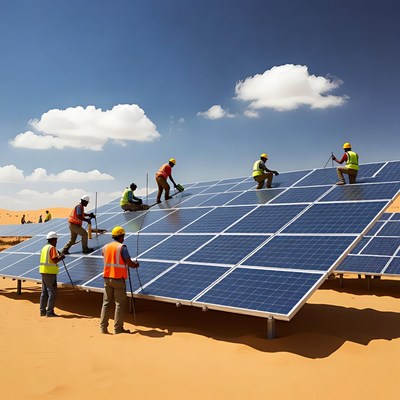 African workers installing solar panels