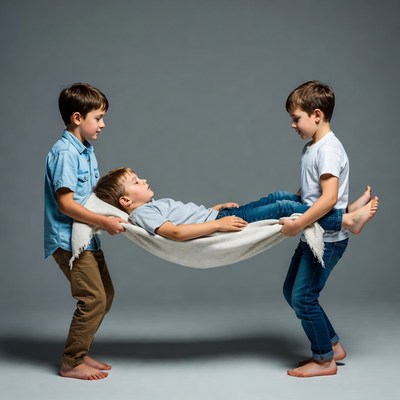 Boys carrying injured boy on sheet