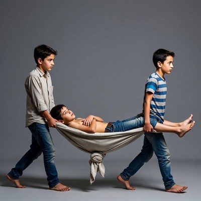Boys Carrying Injured Boy on Stretcher