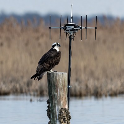 Osprey perched on wooden post