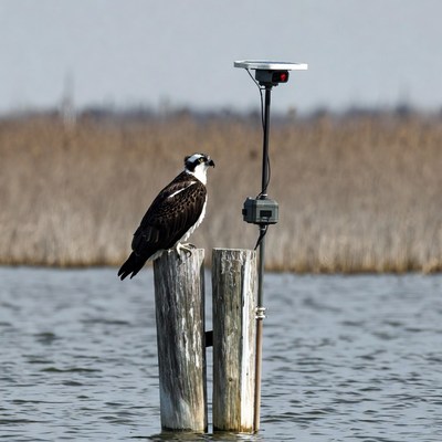 Osprey perched on wooden post