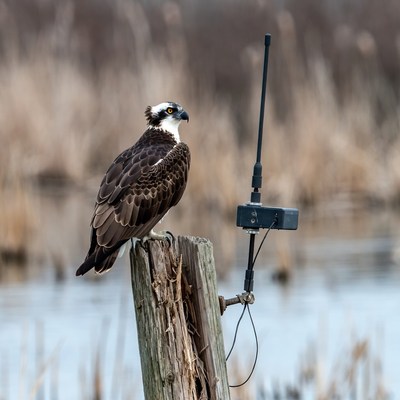Osprey perched on wooden post with antenna