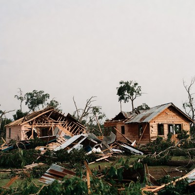 Destroyed Wooden Houses After Hurricane