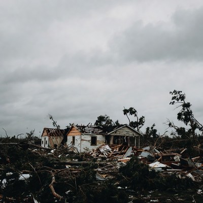 Hurricane-Damaged Houses in Debris