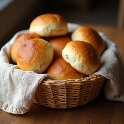 Fresh Dinner Rolls in Wicker Basket