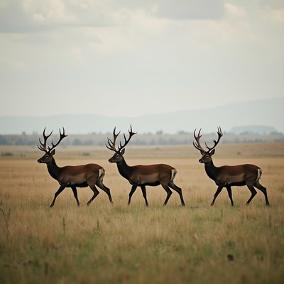 Three red deer walking in field