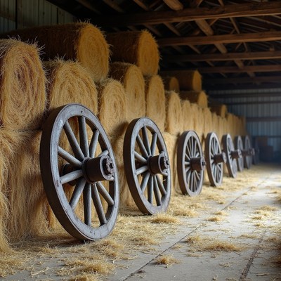 Hay Bales and Wagon Wheels in Barn