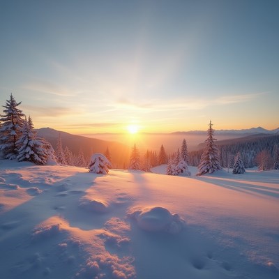 Snowy Mountain Sunrise with Fir Trees