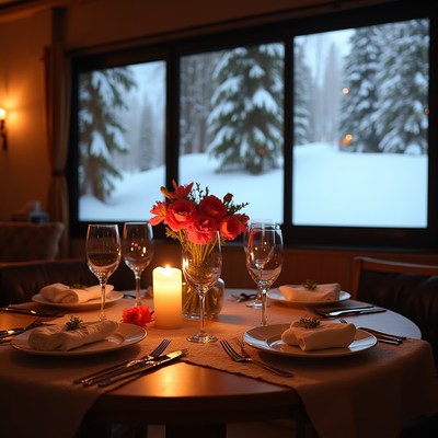 Romantic candlelit table snowy window view