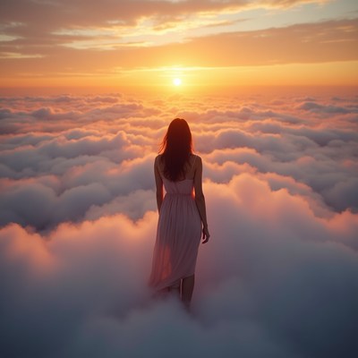 Woman in pink dress on clouds at sunset