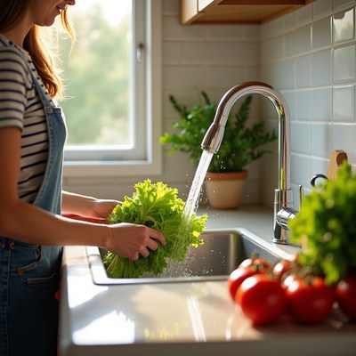 Woman washing lettuce in kitchen sink