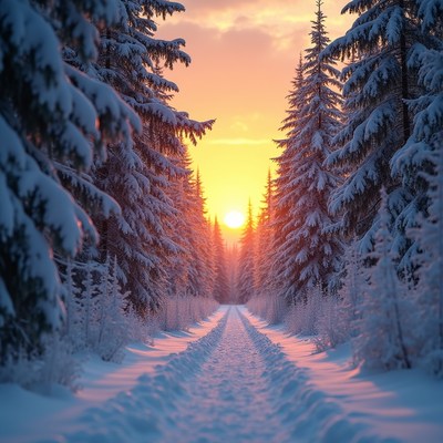 Snowy Path Through Sunset Pine Forest