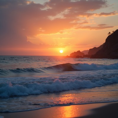 Sunset over ocean waves and cliffs