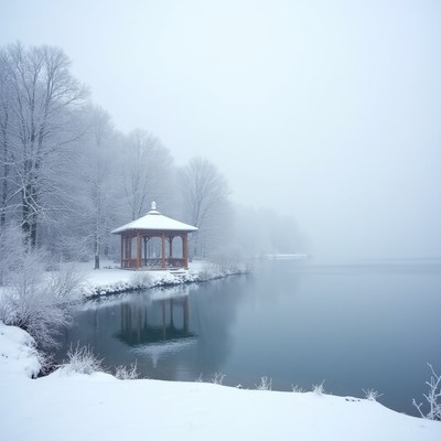 Snowy Gazebo by Foggy Lake