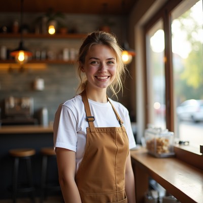 Smiling woman in apron at cafe counter