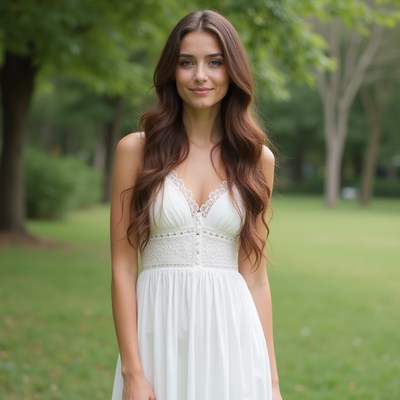 Woman in white lace dress in park