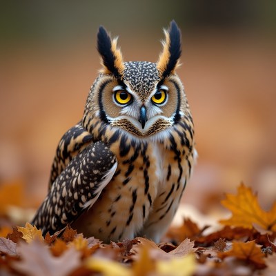 Great Horned Owl on Autumn Leaves