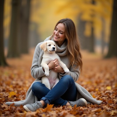 Woman holding golden retriever puppy in autumn forest
