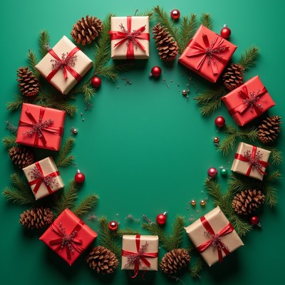 Christmas Gifts Wreath on Green Background