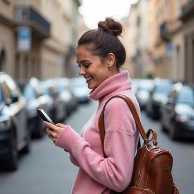Woman smiling at phone on street