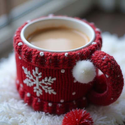Red Knitted Mug with Coffee