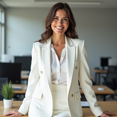 Smiling woman in white blazer at desk