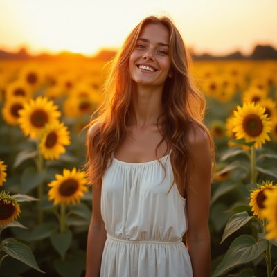 Smiling woman in sunflower field