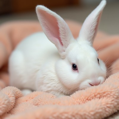 White bunny on pink blanket