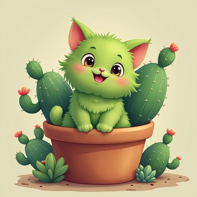 Cute green kitten in cactus pot