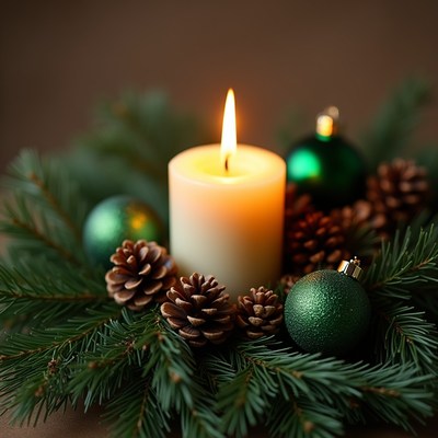 Christmas Candle with Pine Cones and Ornaments