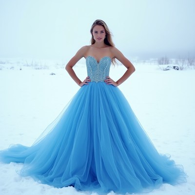 Woman in blue gown in snow